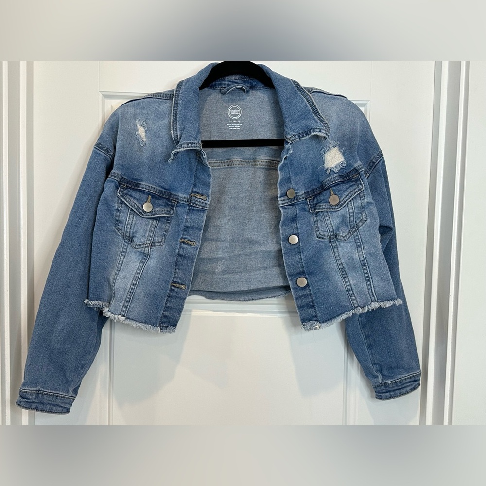 Girls Wonder Nation Light Wash Distressed Cropped Denim Jacket Size L 10-12